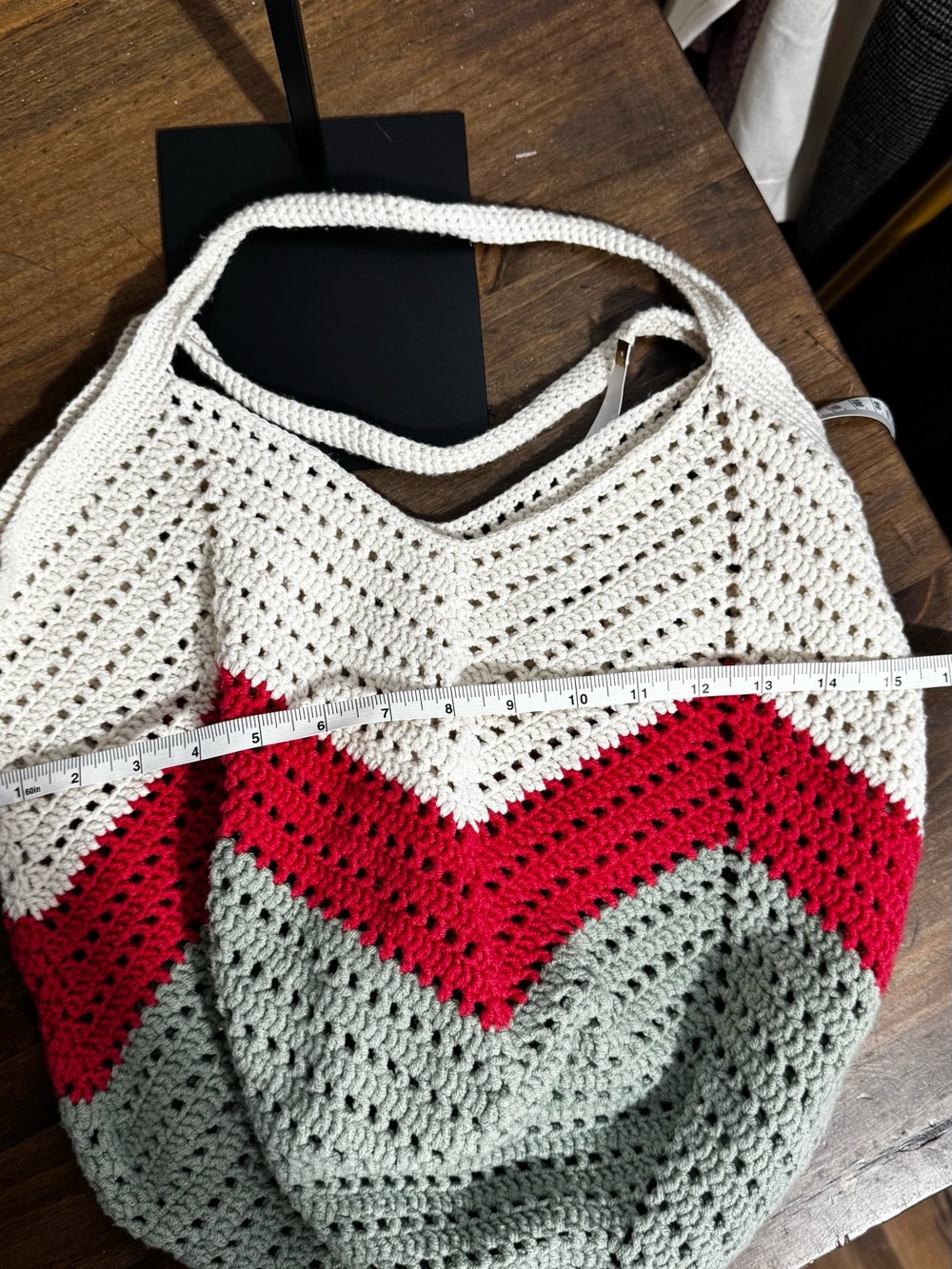 Handmade Crochet Hobo Tote Bag Boho Knit Shoulder Bag Cream Red Gray - Picture 2 of 3